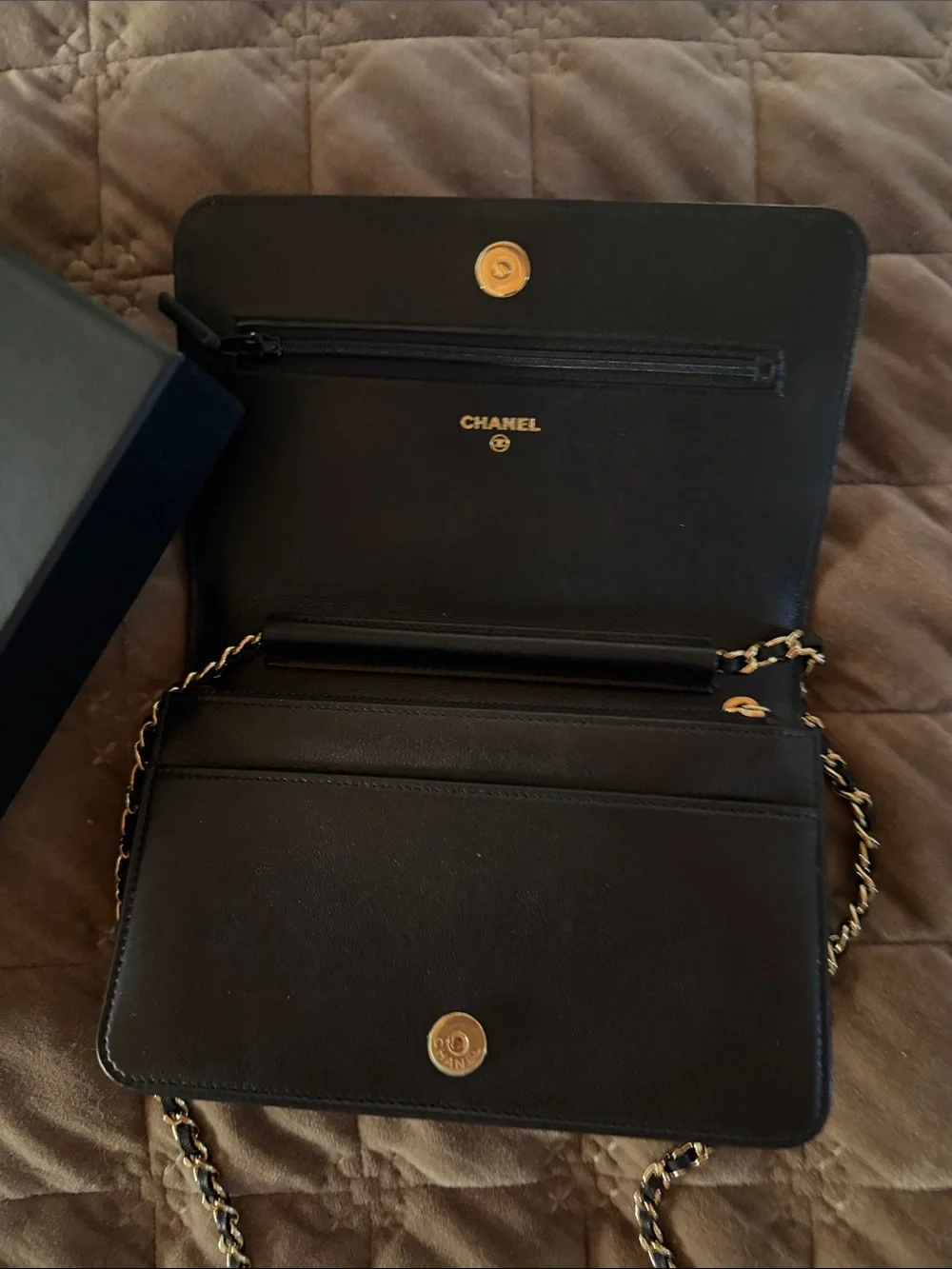 CHANEL Rare Black Chevron Wallet on Chain with Contrast Stitching/Logo COA